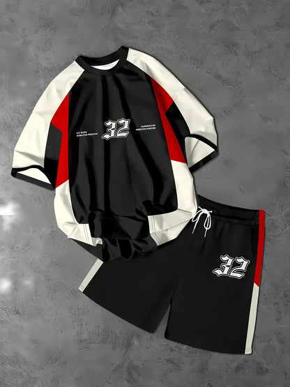 Completo estivo da uomo con pullover girocollo, t-shirt sportiva con stampa di lettere, pantaloncini a maniche corte morbidi, set due pezzi con t-shirt.