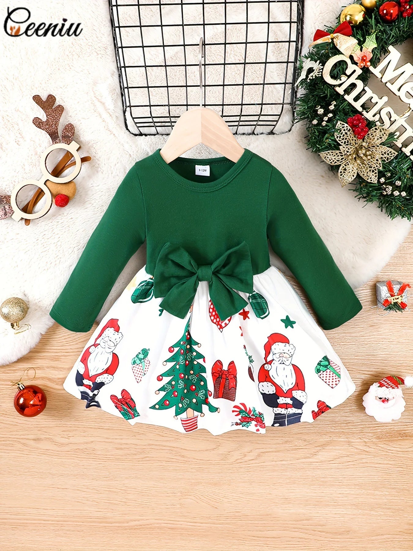 Ceeniu Il mio primo Natale Abiti da bambina Abito verde patchwork natalizio stampato Costume di Capodanno per neonati