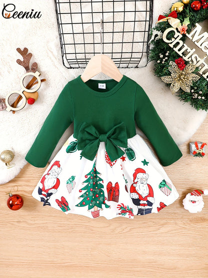 Ceeniu Il mio primo Natale Abiti da bambina Abito verde patchwork natalizio stampato Costume di Capodanno per neonati