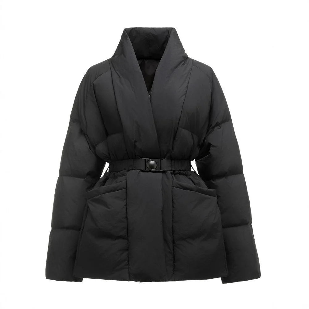 Nuovo cappotto invernale da donna in cotone, caldo, tinta unita, con scollo a V, vita arricciata, parka con cintura.