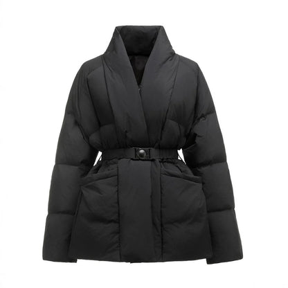 Nuovo cappotto invernale da donna in cotone, caldo, tinta unita, con scollo a V, vita arricciata, parka con cintura.