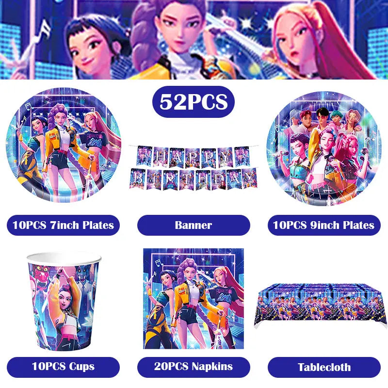 Kpop Demon Hunter Birthday Decoration Set Kpop Girl Cup Pate Happy Balloon Happy Banner Gift Bags Supplies for Kids Party Favors