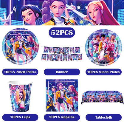 Kpop Demon Hunter Birthday Decoration Set Kpop Girl Cup Pate Happy Balloon Happy Banner Gift Bags Supplies for Kids Party Favors