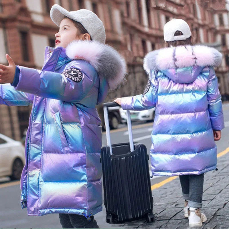 Giacca invernale imbottita per ragazze -30℃, impermeabile, lucida, con cappuccio, adatta a bambini dai 5 ai 14 anni, parka per ragazzi.