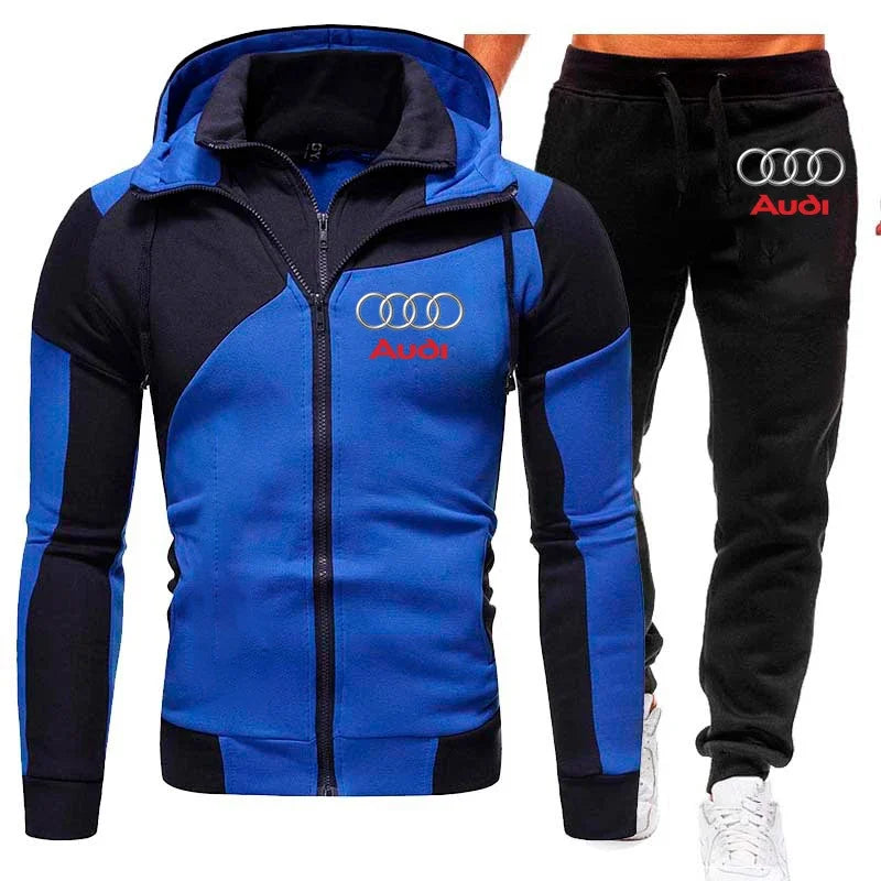 Tuta sportiva con logo Audi, set di 2 pezzi in pile caldo, felpa con cappuccio + pantaloni, tuta sportiva Audi da uomo