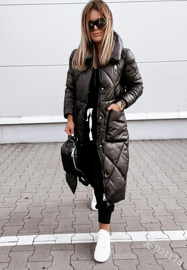 European American New Fashion Women's Solid Color Long Sleeve Stand Collar Quilted Coats Female Ankle Length Parkas Clothes Tops