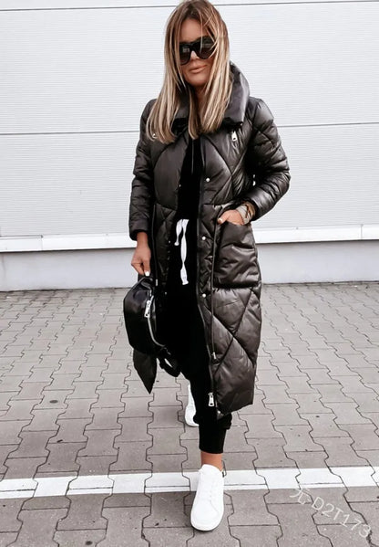 European American New Fashion Women's Solid Color Long Sleeve Stand Collar Quilted Coats Female Ankle Length Parkas Clothes Tops