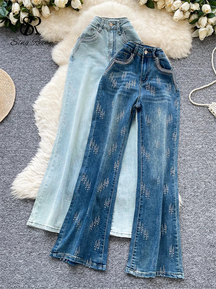 SINGREINY Pantaloni lunghi in denim Autumn Diamond da donna con tasche, modello aderente Hotsweet, casual, alla moda, lucidi, retrò, a gamba larga