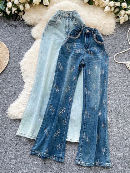 SINGREINY Pantaloni lunghi in denim Autumn Diamond da donna con tasche, modello aderente Hotsweet, casual, alla moda, lucidi, retrò, a gamba larga