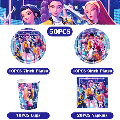 Kpop Demon Hunter Birthday Decoration Set Kpop Girl Cup Pate Happy Balloon Happy Banner Gift Bags Supplies for Kids Party Favors