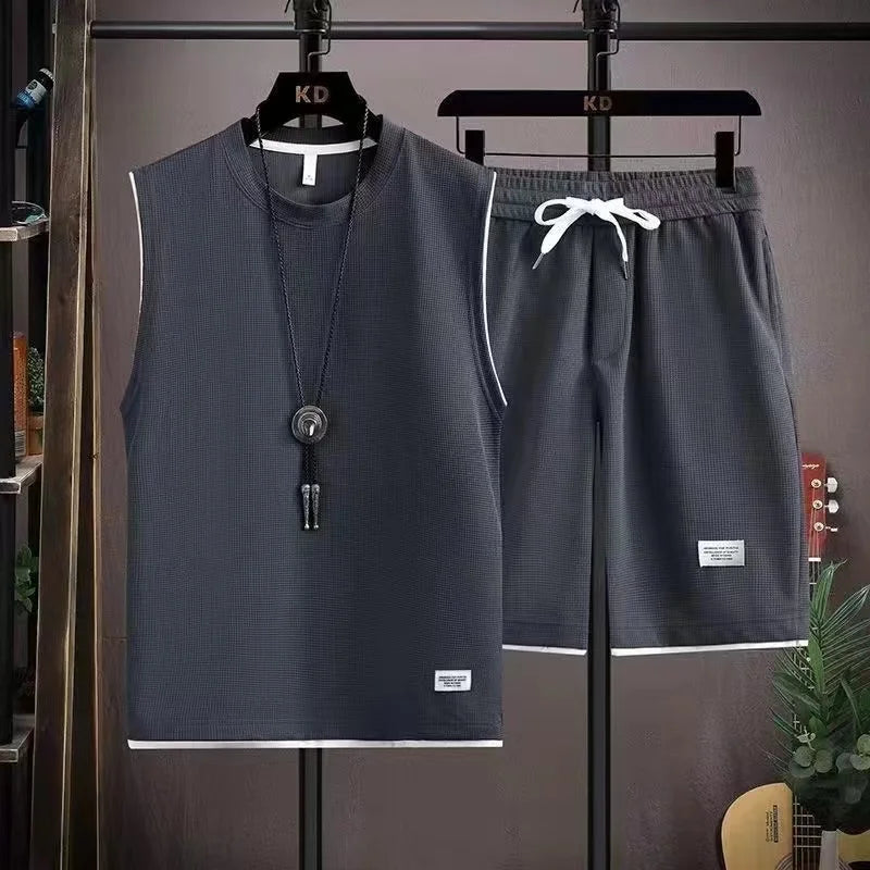 Completo estivo 2024 da uomo, ampio, a maniche corte, casual, con canotta e pantaloncini sportivi, traspirante, ideale per la strada e la gioventù.