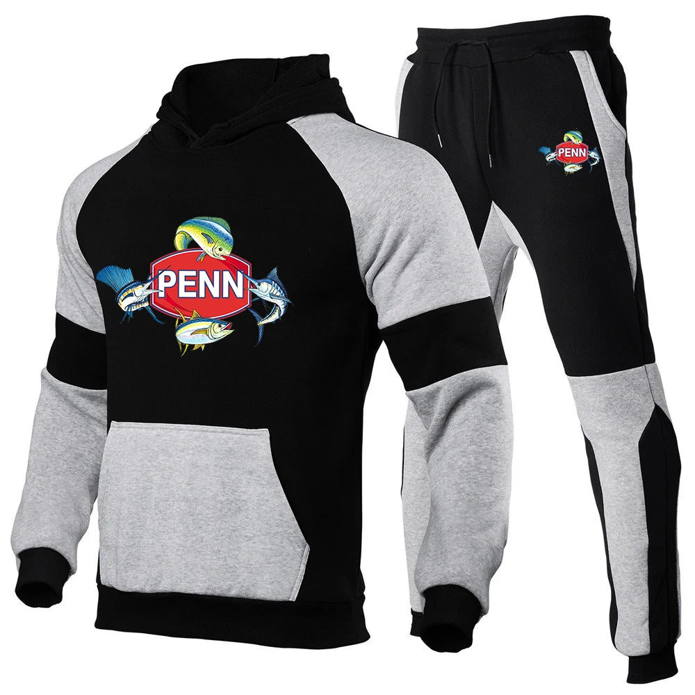 Penn Fishing Reel 2023 Men New Sets Spring and Autumn Brand Popular Print Fashion Color Matching Hoodie + Pants Two-piece Set