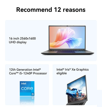 Laptop da 16 pollici con processore Intel Core i5, risoluzione 1240p, display IPS 2.5K, Windows 11, notebook portatile Adreamer, 16 GB di RAM, SSD da 1 TB.