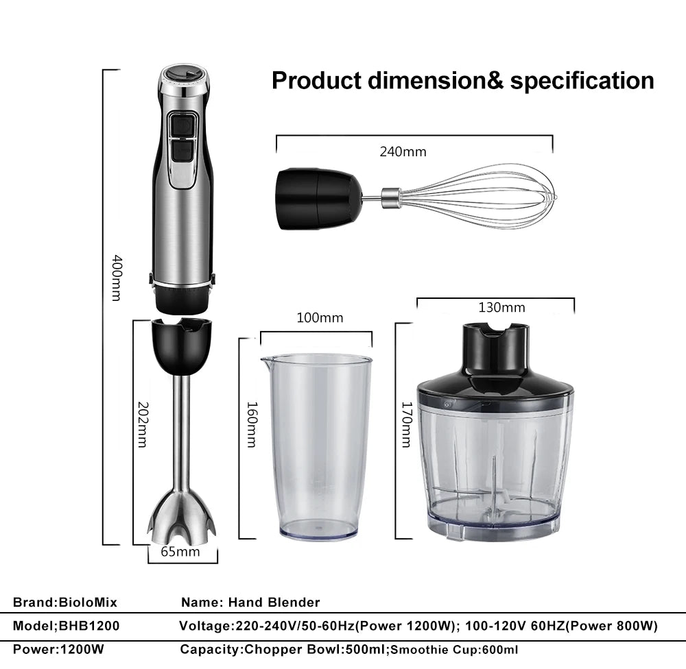 Frullatore a immersione BioloMix 4 in 1 ad alta potenza da 1200 W, con tritatutto e bicchiere per frullati, lame per ghiaccio in acciaio inossidabile