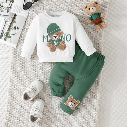 Completo invernale per neonati Prowow con maglione e pantaloni con orsetto ricamato e lettere, 2 pezzi. Set di abbigliamento carino per bambini.