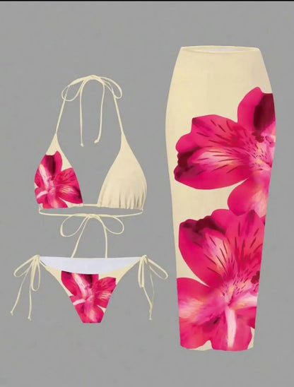 Costume da bagno a tre pezzi con stampa sexy Charms Lilies, set bikini in edizione limitata, attraente, sensuale, alla moda, abbigliamento femminile.