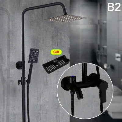 Bathroom Antique Black Painting Brass Lifting Column Wall Mount Shower Set 8" 3-Functions Hot Cold Rainfall Shower Mixer Tap