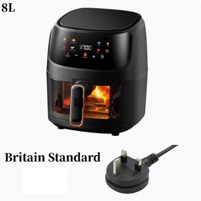 Nuova friggitrice ad aria ad alta capacità in acciaio inossidabile da 8 litri, forno elettrico domestico visivo, multifunzionale, senza olio, per la casa, nero, bianco e verde