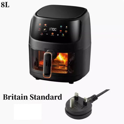 Nuova friggitrice ad aria ad alta capacità in acciaio inossidabile da 8 litri, forno elettrico domestico visivo, multifunzionale, senza olio, per la casa, nero, bianco e verde
