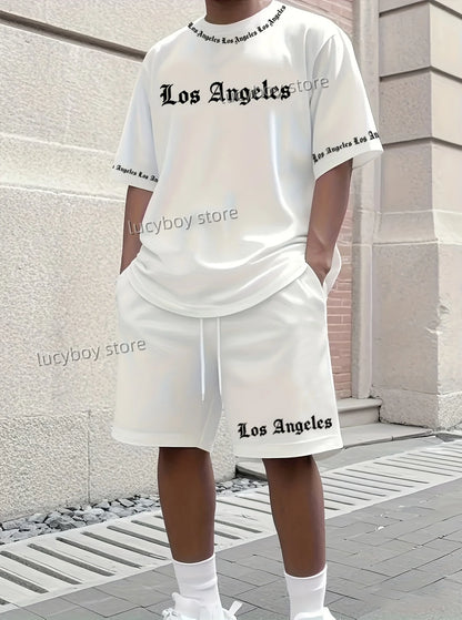 Completo da uomo Los Angeles stampato 2025, set di 2 pezzi, completo casual, abbigliamento sportivo, set fitness, tuta da uomo, abbigliamento oversize