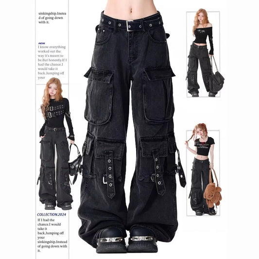 Women Y2k American Retro Mutil Pockets Cargo Jeans American Vintage Gyaru 2000s Aesthetic Grunge Jeans Straight Denim Pants