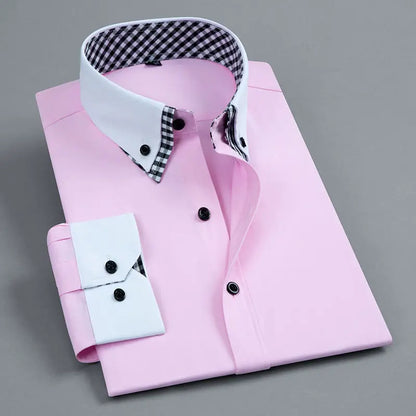 Camicia da uomo a maniche lunghe, non stirabile, a doppio strato, formale, vestibilità regolare, da ufficio, alla moda, bianca e blu.