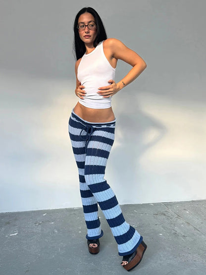 Nibber Autumn Trend Long Pants Woman Stripe Patchwork Crochet Shirring Elastic High Waist Skinny Peach Hip Street Style Bottoms