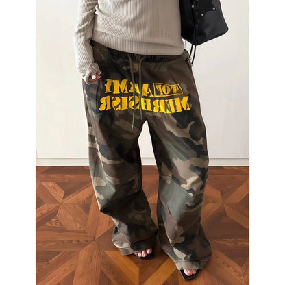 Pantaloni larghi mimetici da donna marroni, pantaloni oversize stile paracadute, stile Harajuku giapponese anni 2000, pantaloni vintage Y2k, abbigliamento autunnale