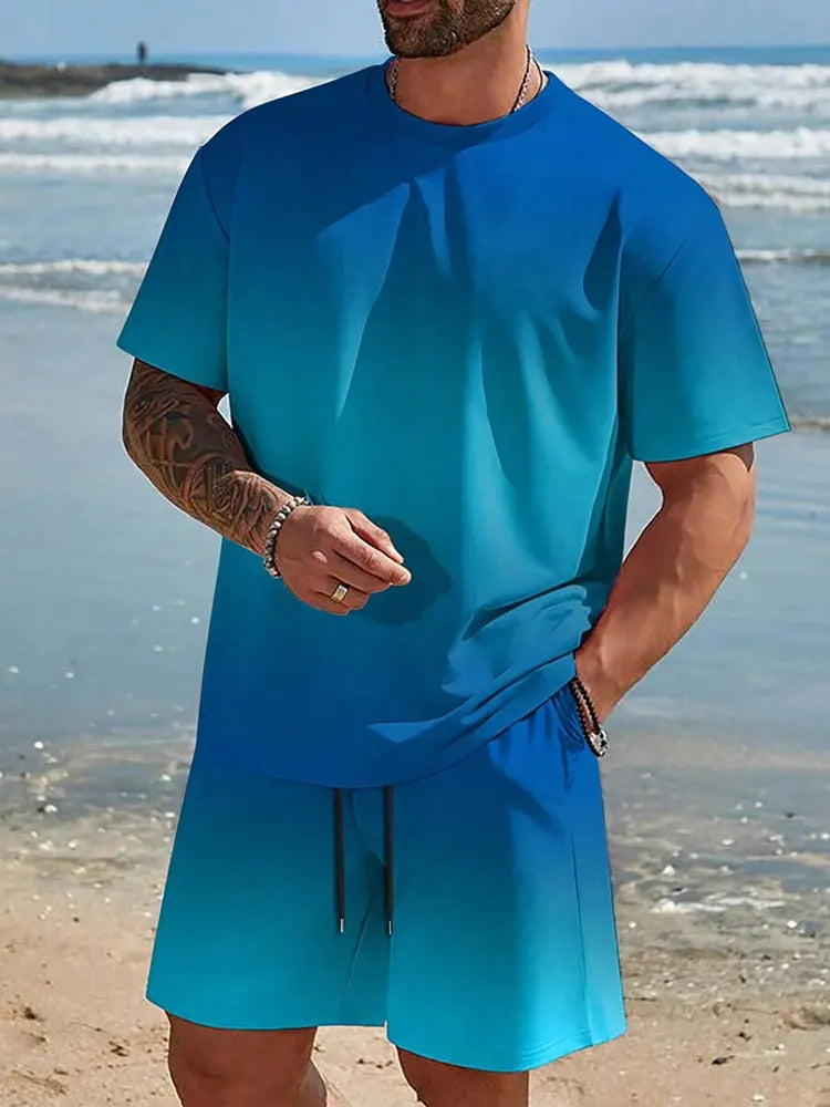 Completo estivo casual da uomo composto da 2 pezzi: pantaloncini a maniche corte con stampa hawaiana, t-shirt da uomo e pantaloncini da spiaggia per sport all'aria aperta.