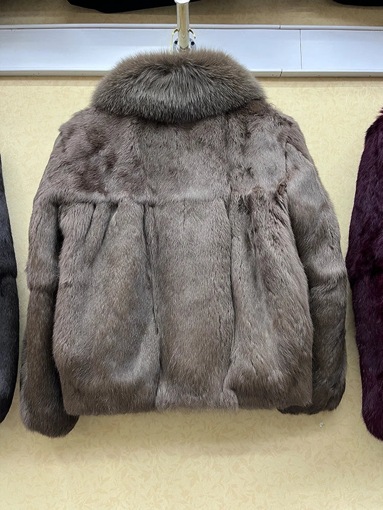 Fashion 100% Real Rabbit Fur Coat With Luxury Natural Fox Fur Collar Jacket Genuine Full Pelt Whole Rabbit Fur Overcoat