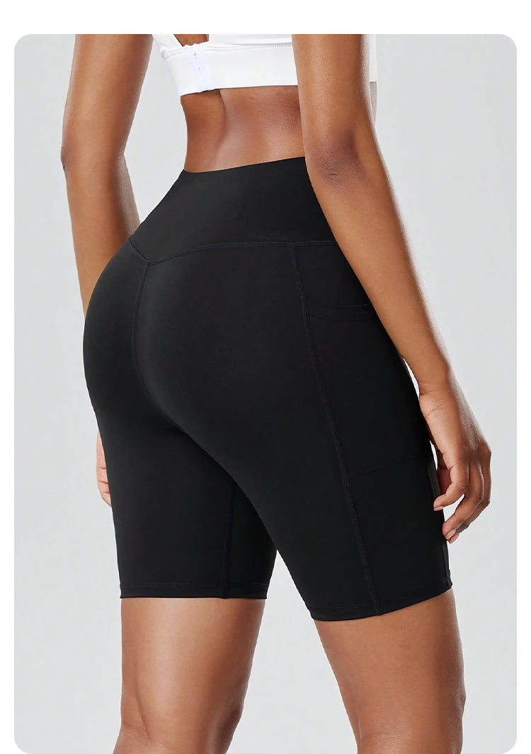 Pantaloncini da yoga a vita alta elasticizzati per donna, effetto push-up, con strisce laterali, asciugatura rapida, controllo addominale, ideali per palestra, fitness e corsa.