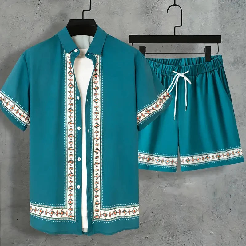 Completo da uomo per vacanze al mare alle Hawaii, composto da camicia a maniche corte e pantaloncini, con stampa paisley, traspirante e alla moda, ideale per feste.