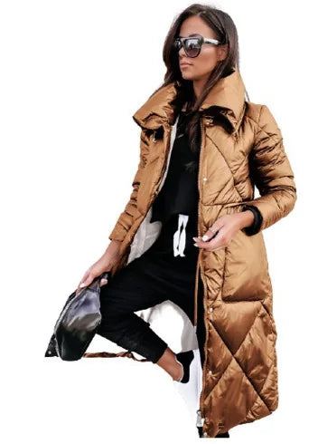 European American New Fashion Women's Solid Color Long Sleeve Stand Collar Quilted Coats Female Ankle Length Parkas Clothes Tops
