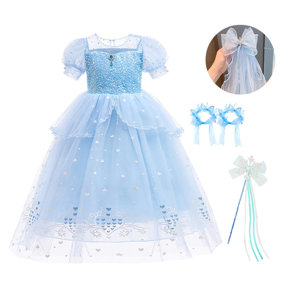 Abito da principessa Elsa per cosplay, blu, in rete con paillettes, per bambina, ideale per feste di compleanno, carnevale e Halloween, adatto a bambini dai 2 ai 10 anni.