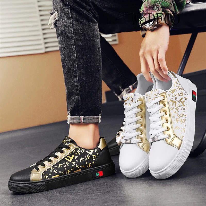 Sneakers casual da uomo, scarpe punk dorate con tomaia in microfibra e pelle, scarpe sportive con plateau rialzato.