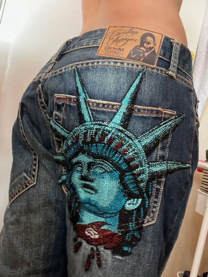Jeans ricamati stile americano High Street, ali d'angelo, diamanti appiccicosi, jeans da donna Hot Girl, pantaloni gotici a gamba dritta stile Harajuku Y2k.