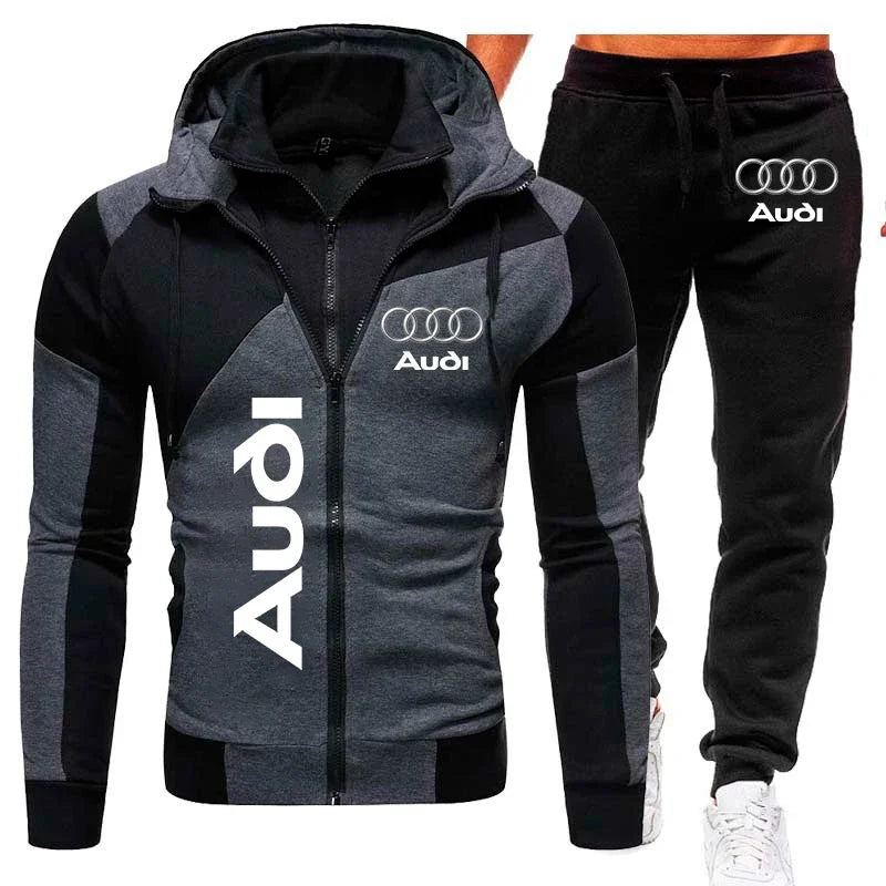 Tuta sportiva con logo Audi, set di 2 pezzi in pile caldo, felpa con cappuccio + pantaloni, tuta sportiva Audi da uomo