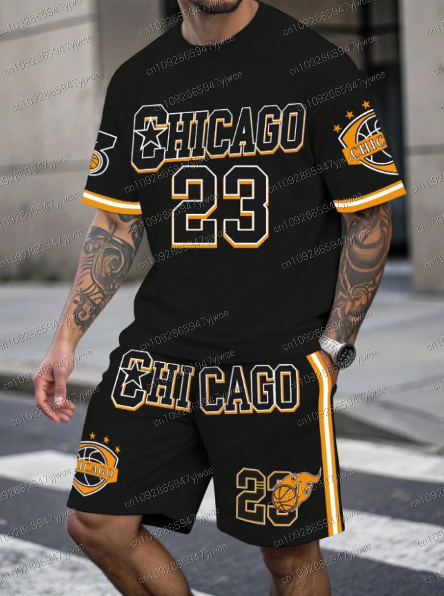 Nuovo set da uomo Chicago n. 23 con stampa, composto da maglietta a maniche corte gialla e pantaloncini, ideale per il basket e il jogging. Abbigliamento uomo.