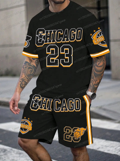 Nuovo set da uomo Chicago n. 23 con stampa, composto da maglietta a maniche corte gialla e pantaloncini, ideale per il basket e il jogging. Abbigliamento uomo.