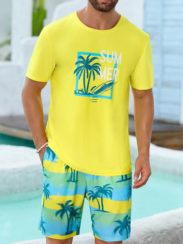 Completo estivo casual da uomo composto da 2 pezzi: pantaloncini a maniche corte con stampa hawaiana, t-shirt da uomo e pantaloncini da spiaggia per sport all'aria aperta.