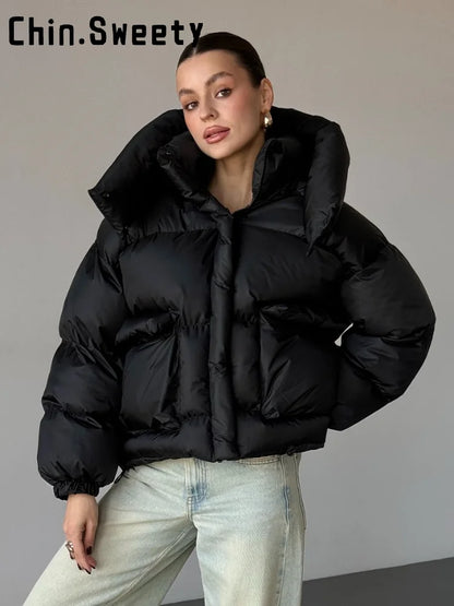 Casual Leopard Print Hooded Puffer Jacket Women Stand Collar Zipper Short Puffy Coat 2025 Winter Lady Street Warm Outerwears New