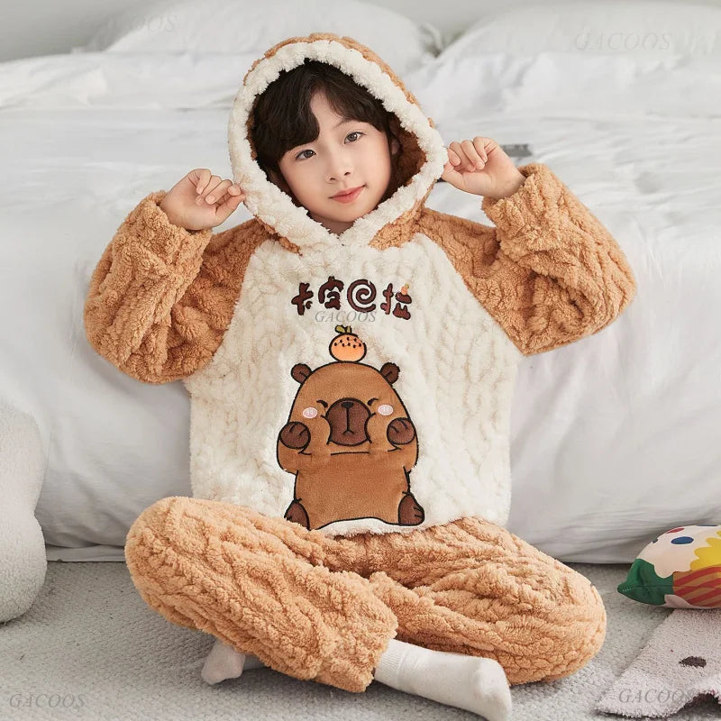 Pigiama invernale caldo per ragazzi con animali dei cartoni animati, set pigiama per bambini in pile di corallo, completo da casa in flanella con cappuccio, pigiama per ragazzi