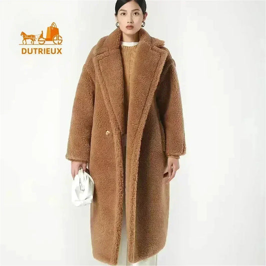 Cappotto lungo da donna DUTRIEUX Teddy Bear, nuovo stile invernale 2025, cappotto lungo in vera pelliccia di alpaca e cashmere, spesso e caldo