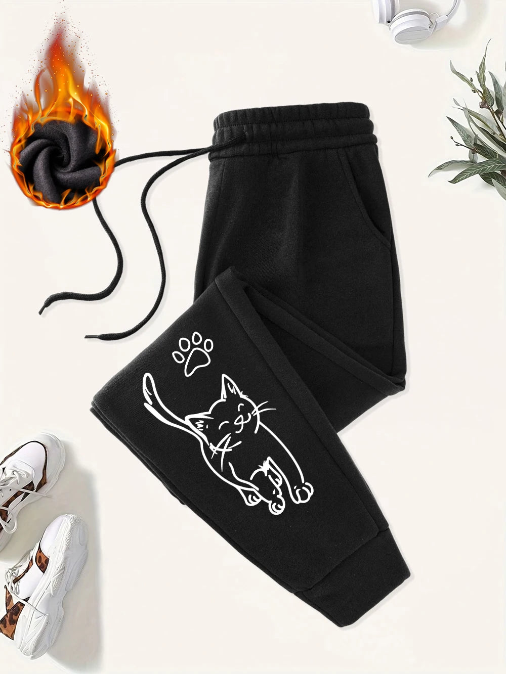 Cute Cat And Paw Print Prints Sweatpants Women Basics Jogger Pants Comfortable Fleece Loose Trousers Autumn Winter Woman Clothes