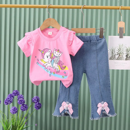 Completo estivo per bambine 2024, composto da maglietta a maniche corte con stampa a cartoni animati e pantaloni da cowboy, per neonate da 0 a 4 anni.