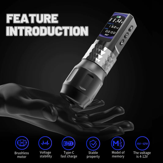 Macchinetta per tatuaggi wireless YILONG con motore coreless, batteria da 2000 mAh e display LCD, ideale per tatuatori professionisti.