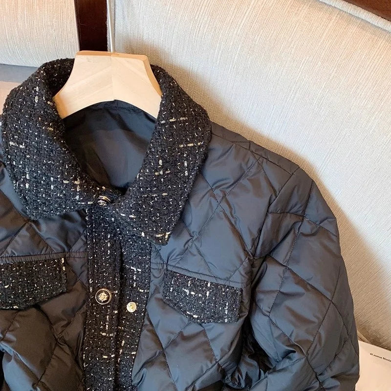Bla Quilted Cotton Jaet Women's Winter Lightweight Diamond Pattern Faionable Design Casual Loose Fit Long Sve Coat