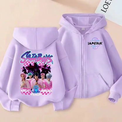 Felpa con zip stampata HUNTRX con la boy band coreana SajaBoys, cardigan con cappuccio alla moda KPOP Demon Hunters.