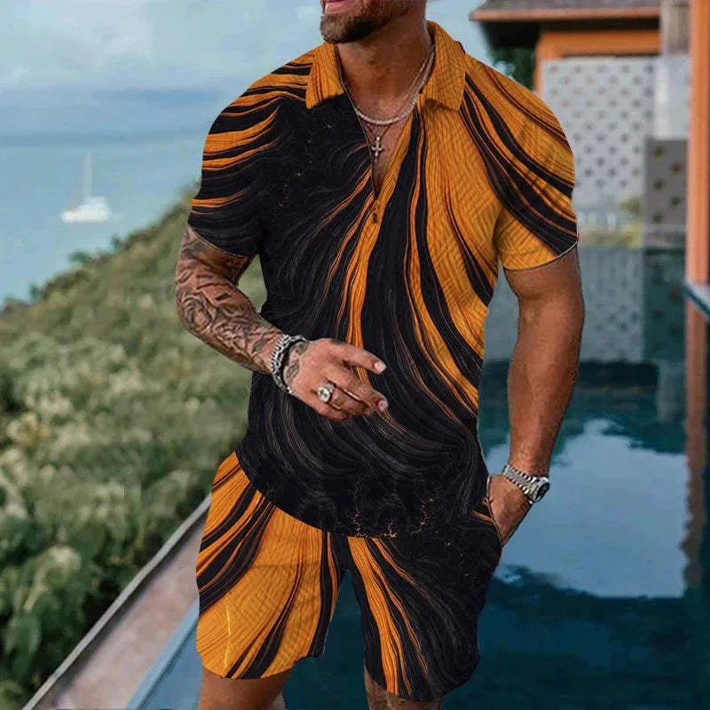 Completo da uomo composto da polo con cerniera, tinta unita, stampa 3D sfumata, colletto polo e pantaloncini. Abbigliamento estivo oversize per le vacanze alle Hawaii.