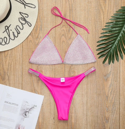 Bikini 2026 Sexy con strass di diamanti, costume da bagno tinta unita, bikini a triangolo con allacciatura al collo da donna, set da bagno, bikini da spiaggia femminile